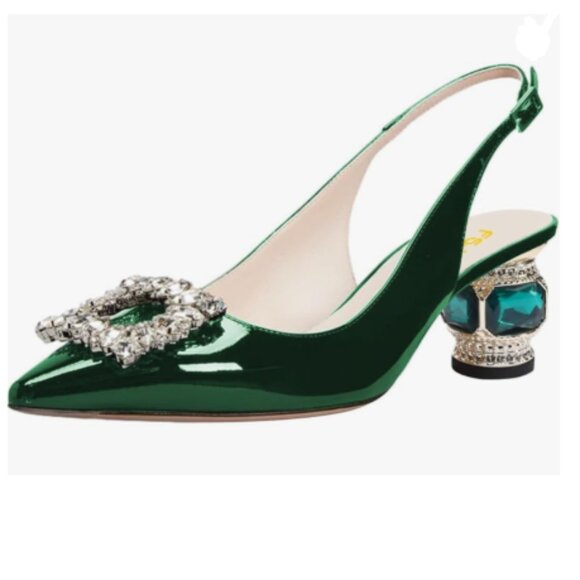 FSJ Green Crystal Square Buckle Pointed Toe Slingback Pumps Rhinestone Sandals - Picture 1 of 8